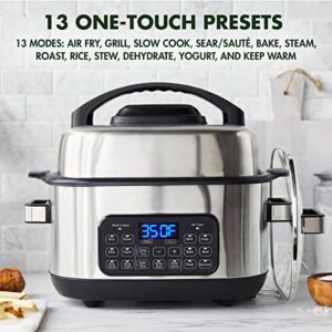 GreenPan Stainless Steel 13-in-1 Air Fryer Slow Cooker & Grill, Presets to Steam Saute Broil Bake and Cook Rice, Healthy Ceramic Nonstick and Dishwasher Safe Parts, Easy-to-use LED Display