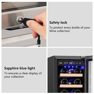 12 Inch Wine Refrigerator, 18 Bottles Wine Cooler with Upgraded Compressor, 41-72F, Fits Large Wine Bottles, Mini Wine Fridge with Glass Door and Safety Lock, Built-in Undercounter or Freestanding