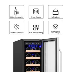 12 Inch Wine Refrigerator, 18 Bottles Wine Cooler with Upgraded Compressor, 41-72F, Fits Large Wine Bottles, Mini Wine Fridge with Glass Door and Safety Lock, Built-in Undercounter or Freestanding