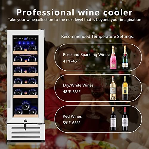 12 Inch Wine Refrigerator, 18 Bottles Wine Cooler with Upgraded Compressor, 41-72F, Fits Large Wine Bottles, Mini Wine Fridge with Glass Door and Safety Lock, Built-in Undercounter or Freestanding