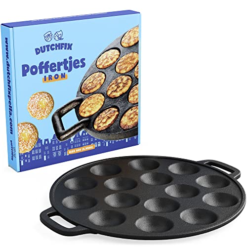 DUTCHFIX Poffertjes Pan – 15-Hole Cast Iron Poffertjes Pan – Non-Stick Mini Pancake Pan – Mini Biscuit Pan – Cast Iron Mini Muffin Pan