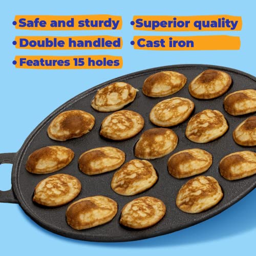 DUTCHFIX Poffertjes Pan – 15-Hole Cast Iron Poffertjes Pan – Non-Stick Mini Pancake Pan – Mini Biscuit Pan – Cast Iron Mini Muffin Pan