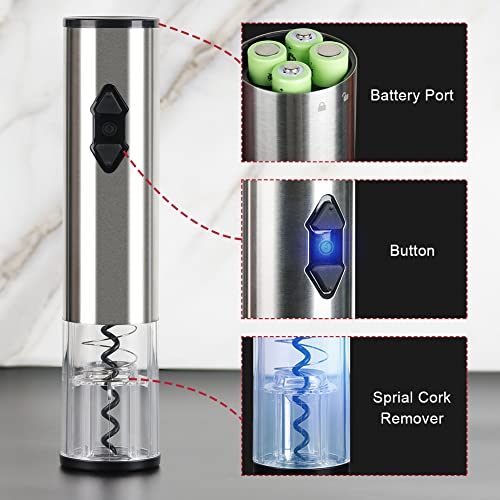 CIRCLE JOY Electric Wine Bottle Openers Set - Battery Powered Motorized Operated Cordless Automatic Corkscrew Opener Puller Kit with Attached Foil Cutter Stopper Wine Aerator Pourer, Stainless Steel