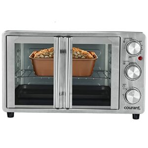 courant french door convection toaster oven & broiler, bake broil toast oven, fits 9x13’’ baking pan, 6-slices, 10’’ pizza, convection oven - stainless steel