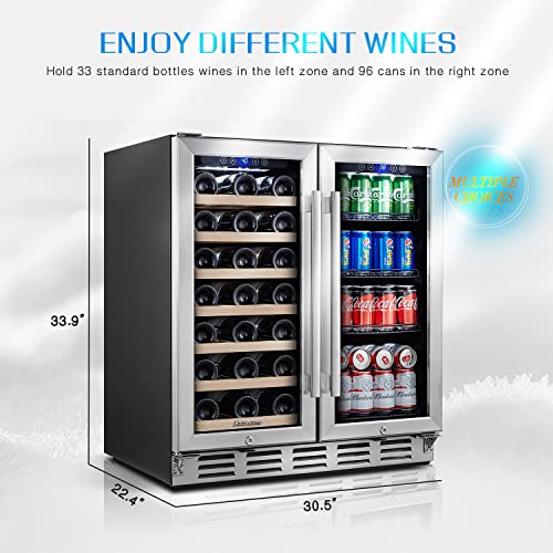 Kalamera Wine cooler, 30 inch Built in Wine and Beverage Refrigerator, Dual Zone w/ 33 Bottles and 96 Cans Capacity, Digital Touch Control