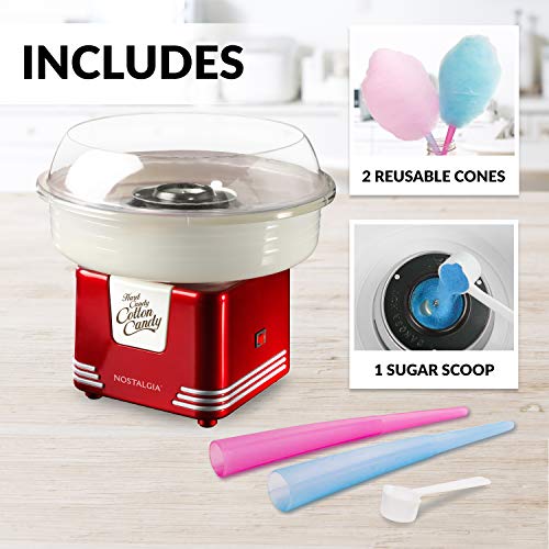 Nostalgia PCM405RETRORED Hard and Sugar Free Countertop Cotton Candy Maker, Includes 2 Reusable Cones and Scoop, Retro Red
