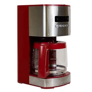 kenmore aroma control 12-cup programmable coffee maker, red and stainless steel drip coffee machine, glass carafe, reusable filter, timer, digital display, charcoal water filter, regular or bold