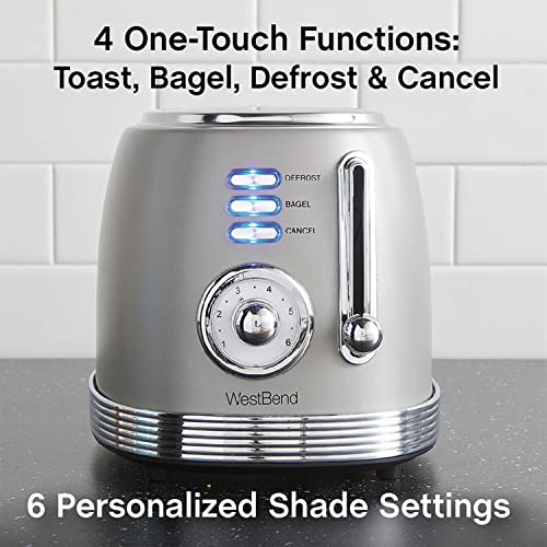 West Bend Toaster 2 Slice Retro-Styled Stainless Steel with 4 Functions and 6 Shade Settings, 850-Watts, Gray