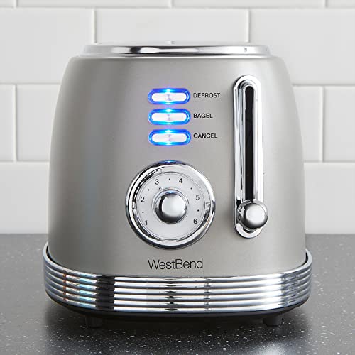 West Bend Toaster 2 Slice Retro-Styled Stainless Steel with 4 Functions and 6 Shade Settings, 850-Watts, Gray