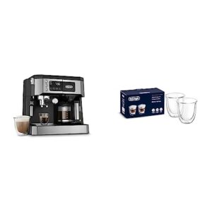 de'longhi all-in-one combination coffee maker & espresso machine + advanced adjustable milk frother, black & 513214601 cappuccino glasses, 270 milliliters