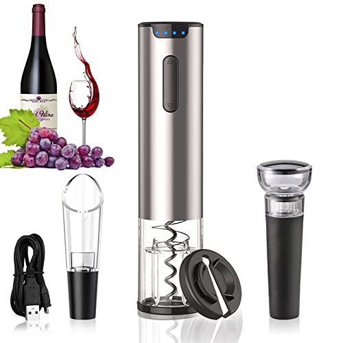 Electric Wine Opener Rechargeable, GOSCIEN Automatic Wine Bottle Opener 4-in-1 Set Gift, Upgraded Electric Wine Corkscrew with Foil Cutter, Vacuum Stopper and Wine Pourer, Battery Indicator Light