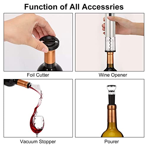 Electric Wine Opener Rechargeable, GOSCIEN Automatic Wine Bottle Opener 4-in-1 Set Gift, Upgraded Electric Wine Corkscrew with Foil Cutter, Vacuum Stopper and Wine Pourer, Battery Indicator Light