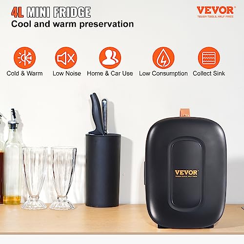 VEVOR Mini Fridge 4 Liter/6 Can Small Refrigerator for Beverage Skincare & Cosmetic AC/DC Cooler & Warmer, Mute Portable Tiny Cooling for Bedroom Office Dorm Desk Car Travel, ETL Certified, Black