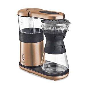 brim 8 cup pour over coffee maker, simply make rich, full-bodied coffee every time, set includes glass carafe, sca measuring scoop, silicone sleeve, and healthy-eco reusable filter, satin copper