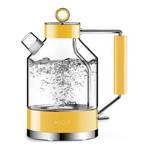 ascot electric kettle, glass electric tea kettle gifts for men/women/family 1.6l 1500w borosilicate glass tea heater, with auto shut-off and boil-dry protection （yellow)