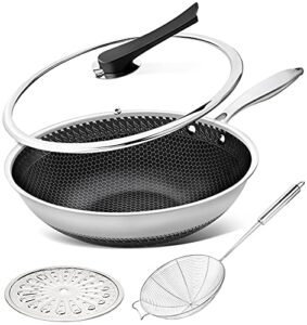 michelangelo wok pan with lid, 12 inch stainless steel wok set with spider strainer and steaming rack, honeycomb woks & stir-fry pans flat bottom wok induction compatible, dishwasher and oven safe
