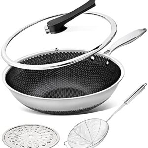 MICHELANGELO Wok Pan with Lid, 12 Inch Stainless Steel Wok Set with Spider Strainer and Steaming Rack, Honeycomb Woks & Stir-fry Pans Flat Bottom Wok Induction Compatible, Dishwasher and Oven Safe