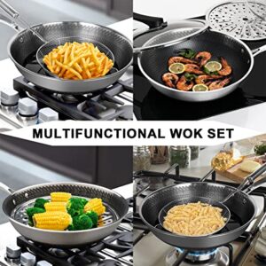 MICHELANGELO Wok Pan with Lid, 12 Inch Stainless Steel Wok Set with Spider Strainer and Steaming Rack, Honeycomb Woks & Stir-fry Pans Flat Bottom Wok Induction Compatible, Dishwasher and Oven Safe