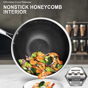 MICHELANGELO Wok Pan with Lid, 12 Inch Stainless Steel Wok Set with Spider Strainer and Steaming Rack, Honeycomb Woks & Stir-fry Pans Flat Bottom Wok Induction Compatible, Dishwasher and Oven Safe