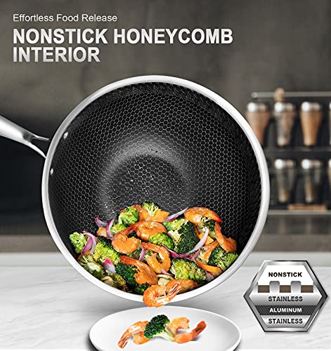 MICHELANGELO Wok Pan with Lid, 12 Inch Stainless Steel Wok Set with Spider Strainer and Steaming Rack, Honeycomb Woks & Stir-fry Pans Flat Bottom Wok Induction Compatible, Dishwasher and Oven Safe