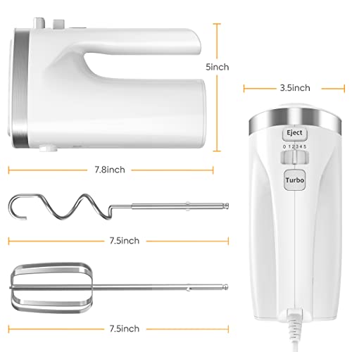 Hand Mixer,550W Electric Whisk, Turbo Boost/Self-Control Speed + 5 Speed + Eject Button + 4 Stainless Steel Attachments for Home Kitchen Baking Cake Food Beater