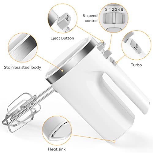 Hand Mixer,550W Electric Whisk, Turbo Boost/Self-Control Speed + 5 Speed + Eject Button + 4 Stainless Steel Attachments for Home Kitchen Baking Cake Food Beater