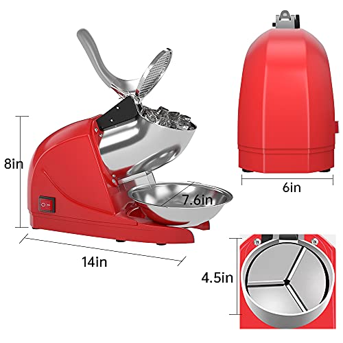 OKF Ice Shaver Prevent Splash Electric Three Blades Snow Cone Maker Stainless Steel Shaved Ice Machine 380W 220lbs/hr Home and Commercial Ice Crushers (Red)