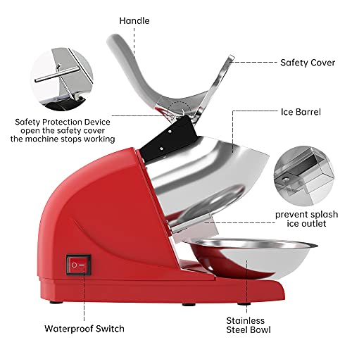 OKF Ice Shaver Prevent Splash Electric Three Blades Snow Cone Maker Stainless Steel Shaved Ice Machine 380W 220lbs/hr Home and Commercial Ice Crushers (Red)