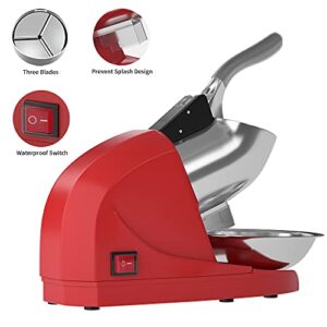 OKF Ice Shaver Prevent Splash Electric Three Blades Snow Cone Maker Stainless Steel Shaved Ice Machine 380W 220lbs/hr Home and Commercial Ice Crushers (Red)