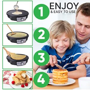 Electric Crepe Maker Pan & Griddle - 12 Inch Nonstick Aluminum Cooktop with LED Indicators & Adjustable Temperature Control - Includes Spatula, Batter Spreader - Perfect for Crepes, Roti & Pancakes.