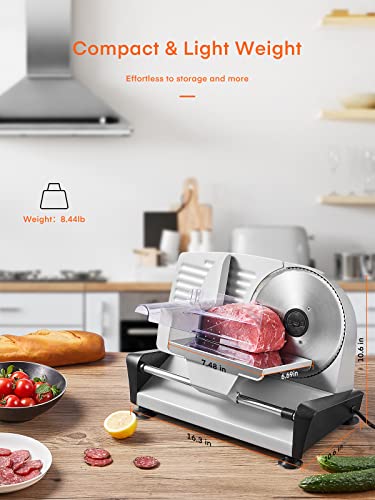 HOUSNAT Meat Slicer for Home Use, Electric Deli Food Slicer Machine with Two 7.5'' Blade and 0-15 mm Adjustable Thickness for Meat, Cheese, Bread, Include Food Pusher, 150W