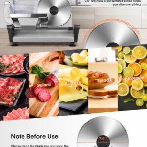 HOUSNAT Meat Slicer for Home Use, Electric Deli Food Slicer Machine with Two 7.5'' Blade and 0-15 mm Adjustable Thickness for Meat, Cheese, Bread, Include Food Pusher, 150W