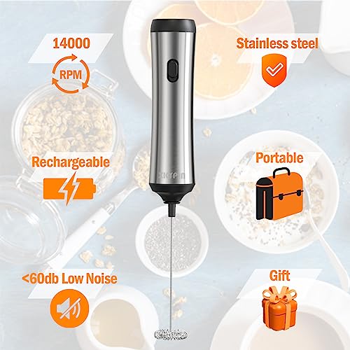 Electric Milk Frother Handheld Stainless Steel Rechargeable 14000 rpm - Perfect Kitchen Gift Hand Frother for Coffee Latte, Cappuccino, Matcha, Hot Chocolate