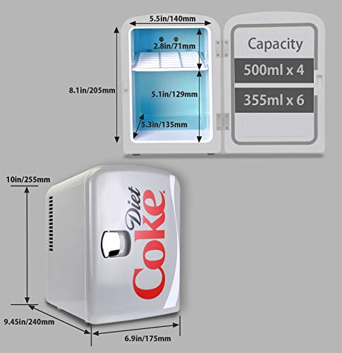 Coca-Cola Diet Coke DC04 4 Liter/4.2 Quarts 6 Can Portable Mini Cooler/Fridge, Beverages, Baby Food, Skincare and Medications-Use at Home, Office, Dorm, Car, RV or Boat-with AC & DC Plugs, Gray