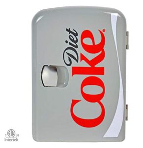 coca-cola diet coke dc04 4 liter/4.2 quarts 6 can portable mini cooler/fridge, beverages, baby food, skincare and medications-use at home, office, dorm, car, rv or boat-with ac & dc plugs, gray