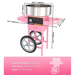 VEVOR Cart Electric Cotton Candy Machine, 1000W Commercial Floss Maker with Stainless Steel Bowl, Sugar Scoop and Drawer, Perfect for Home, Kids Birthday, Family Party, Pink
