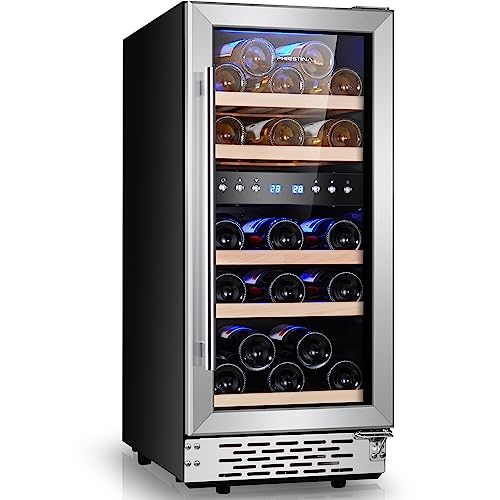 Phiestina Wine Cooler Refrigerator Wine Fridge29 Bottles Dual Temp Zone with Temperature Memory Function,Built-in/Freestanding Adjustable Shelves Glass Door Quiet 15inch for Home Kitchen Office