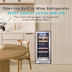 Phiestina Wine Cooler Refrigerator Wine Fridge29 Bottles Dual Temp Zone with Temperature Memory Function,Built-in/Freestanding Adjustable Shelves Glass Door Quiet 15inch for Home Kitchen Office