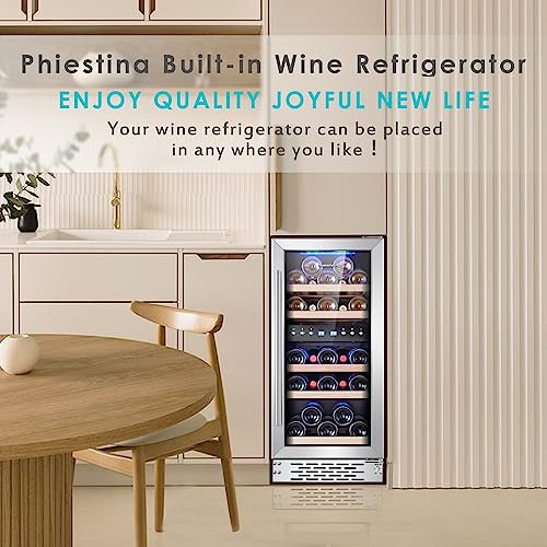 Phiestina Wine Cooler Refrigerator Wine Fridge29 Bottles Dual Temp Zone with Temperature Memory Function,Built-in/Freestanding Adjustable Shelves Glass Door Quiet 15inch for Home Kitchen Office