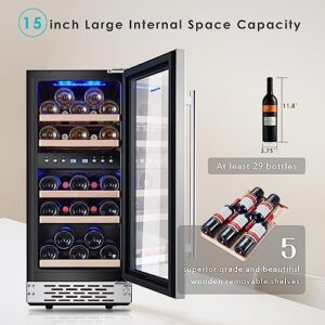 Phiestina Wine Cooler Refrigerator Wine Fridge29 Bottles Dual Temp Zone with Temperature Memory Function,Built-in/Freestanding Adjustable Shelves Glass Door Quiet 15inch for Home Kitchen Office