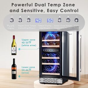 Phiestina Wine Cooler Refrigerator Wine Fridge29 Bottles Dual Temp Zone with Temperature Memory Function,Built-in/Freestanding Adjustable Shelves Glass Door Quiet 15inch for Home Kitchen Office