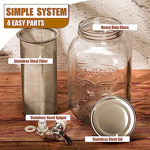 Tanlade 2 Pcs 1 Gallon Cold Brew Coffee Maker and 2 Pcs Stainless Steel Mesh Filter Cold Brew Mason Jar Drink Dispenser Thick Glass Iced Tea Maker Large Iced Coffee Maker Carafe