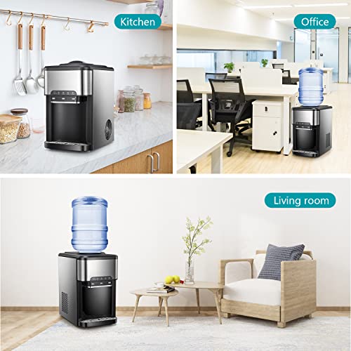 Water Dispenser for 5 Gallon Bottle, Top Loading Water Cooler with Built-in Ice Maker, Ice, Cold & Hot,12 Cubes/8Mins,Child-Safety Lock, LED Display,Stainless Steel