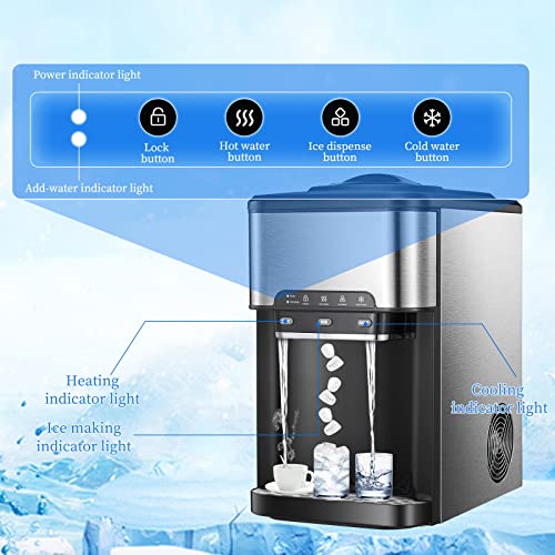 Water Dispenser for 5 Gallon Bottle, Top Loading Water Cooler with Built-in Ice Maker, Ice, Cold & Hot,12 Cubes/8Mins,Child-Safety Lock, LED Display,Stainless Steel