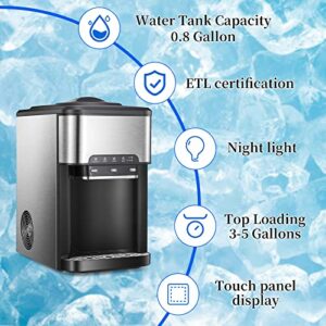 Water Dispenser for 5 Gallon Bottle, Top Loading Water Cooler with Built-in Ice Maker, Ice, Cold & Hot,12 Cubes/8Mins,Child-Safety Lock, LED Display,Stainless Steel