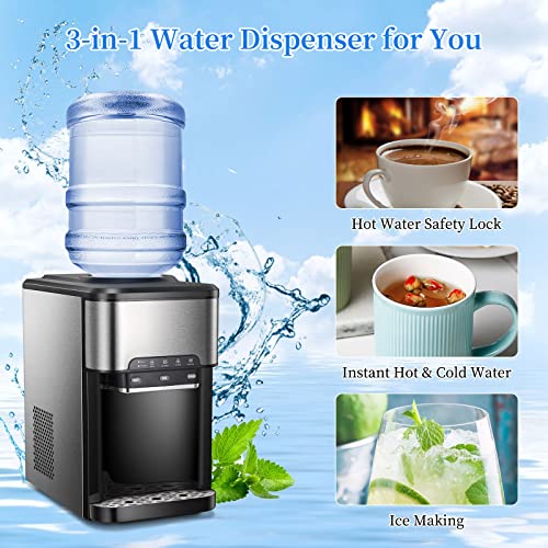 Water Dispenser for 5 Gallon Bottle, Top Loading Water Cooler with Built-in Ice Maker, Ice, Cold & Hot,12 Cubes/8Mins,Child-Safety Lock, LED Display,Stainless Steel