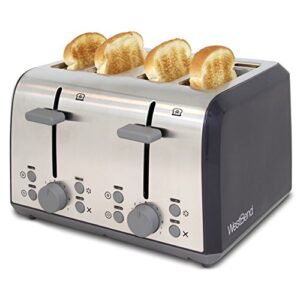 west bend 4 slice toaster with extra wide slots, bagel settings, ultimate toast lift and removable crumb tray, silver