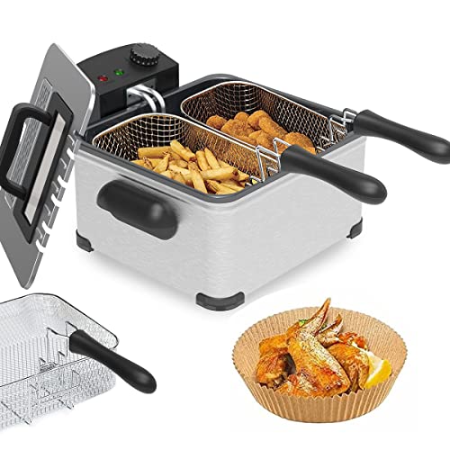 Eficentline 1700W 5 Liters/20 Cups Electric Deep Fryer with 3 Frying Basket, Adjustable Temperature, Lid with View Window, Polished Stainless Steel with 100Pcs 8Inch Fryer Paper, Perfect for Kitchen Chicken, Fry Fish, Chips and More