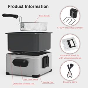 Eficentline 1700W 5 Liters/20 Cups Electric Deep Fryer with 3 Frying Basket, Adjustable Temperature, Lid with View Window, Polished Stainless Steel with 100Pcs 8Inch Fryer Paper, Perfect for Kitchen Chicken, Fry Fish, Chips and More