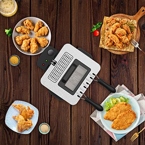 Eficentline 1700W 5 Liters/20 Cups Electric Deep Fryer with 3 Frying Basket, Adjustable Temperature, Lid with View Window, Polished Stainless Steel with 100Pcs 8Inch Fryer Paper, Perfect for Kitchen Chicken, Fry Fish, Chips and More